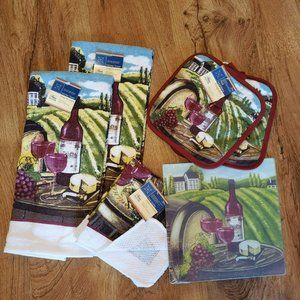 Tuscan Wine Kitchen Set, 7 pc Towels Potholders Scrubber Dish Cloths Board, NWT